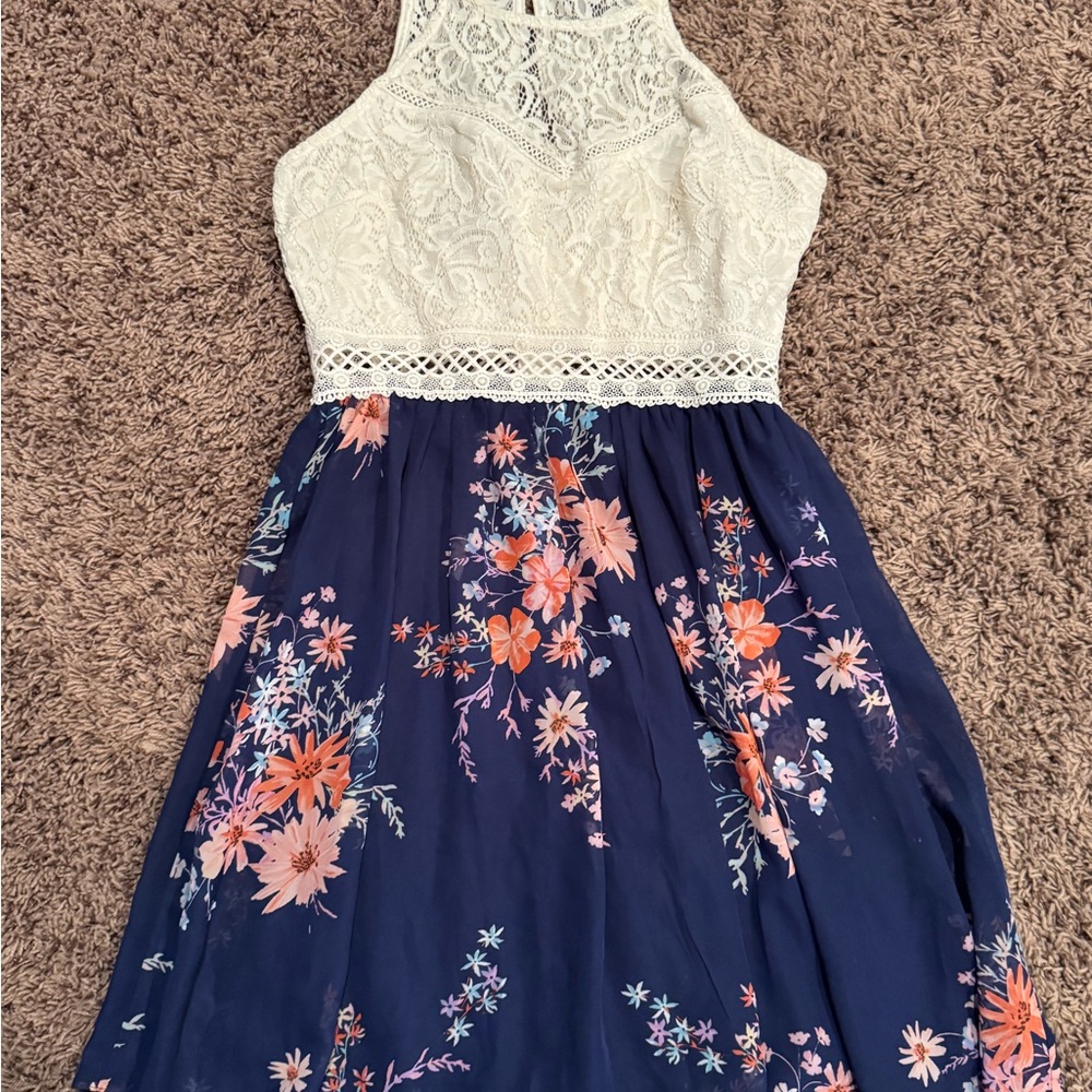 by & by Lace and Floral Dress - Cream and Blue